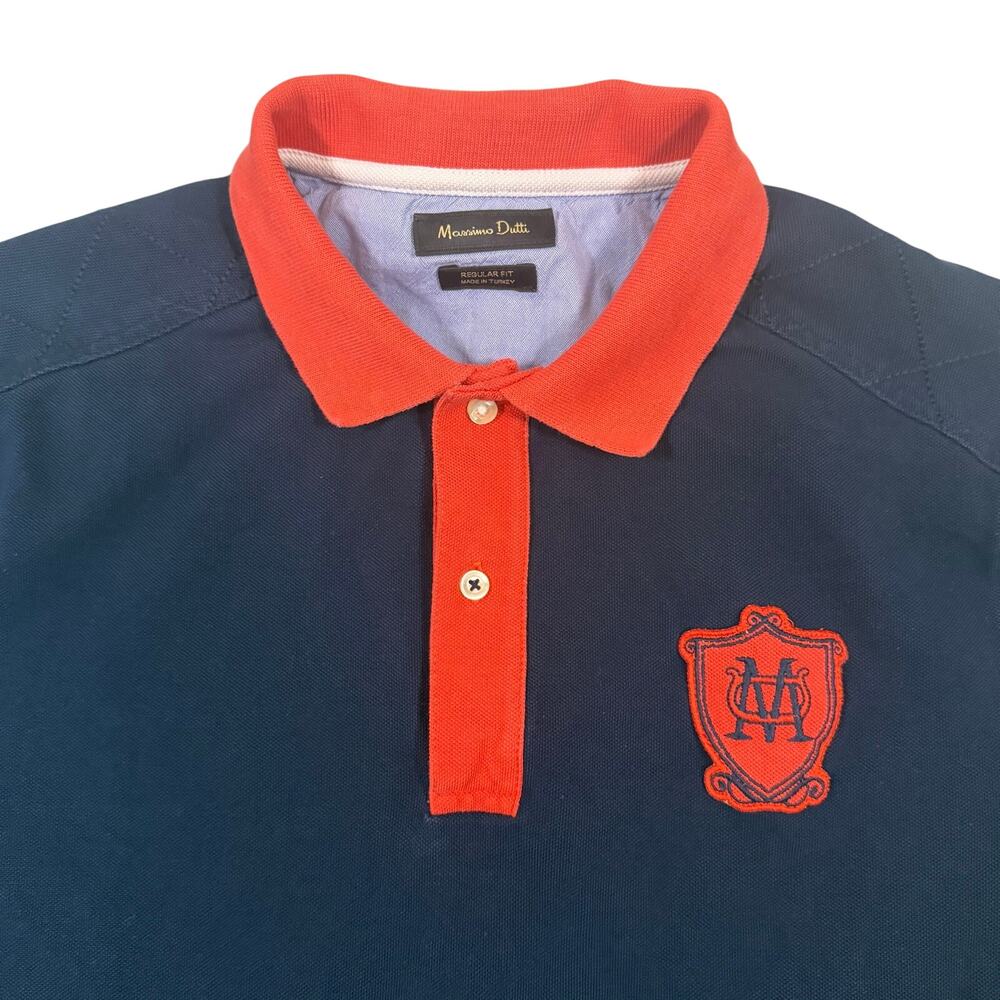 Massimo Dutti Mens Polo Shirt Large Navy Orange Crest Logo Short Sleeve